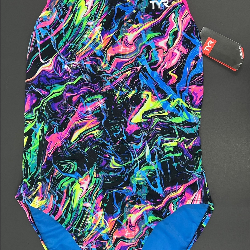 TYR size 38 Neon Marble Print One-Piece Swimwear in Blue, Pink, Green